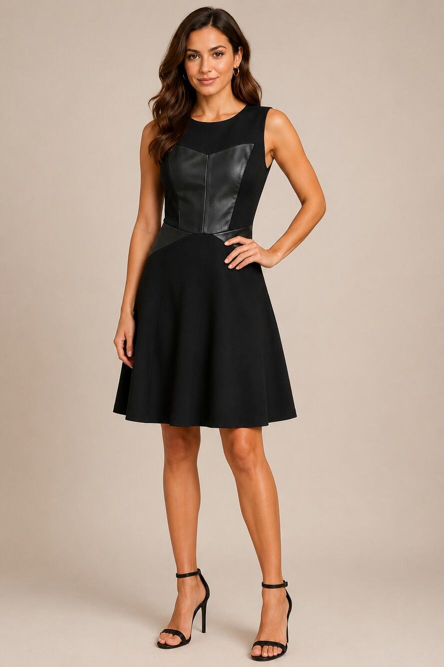 Classiques Entier Black Dress Faux Leather Panel Fit Flare Sleeveless Sz 4 LBD
